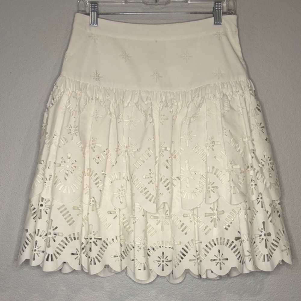 Milly of New York tiered eyelet laser cut skirt side zip lined white 4